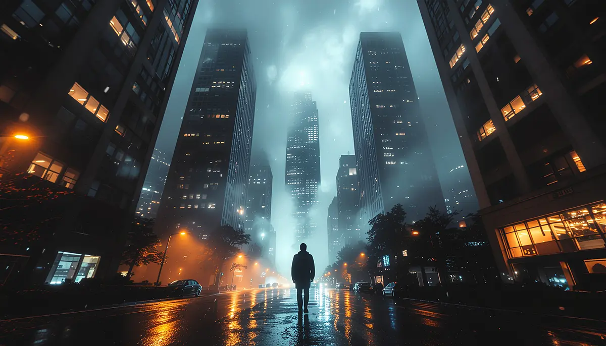 Conceito visual da variável humana diante de uma cidade monumental